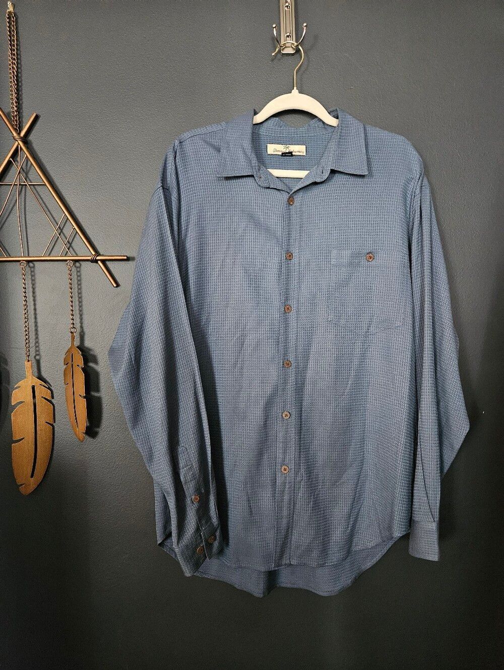 Tommy Bahama 100% Silk Blue Long Sleeve Button Up Shirt Size Large